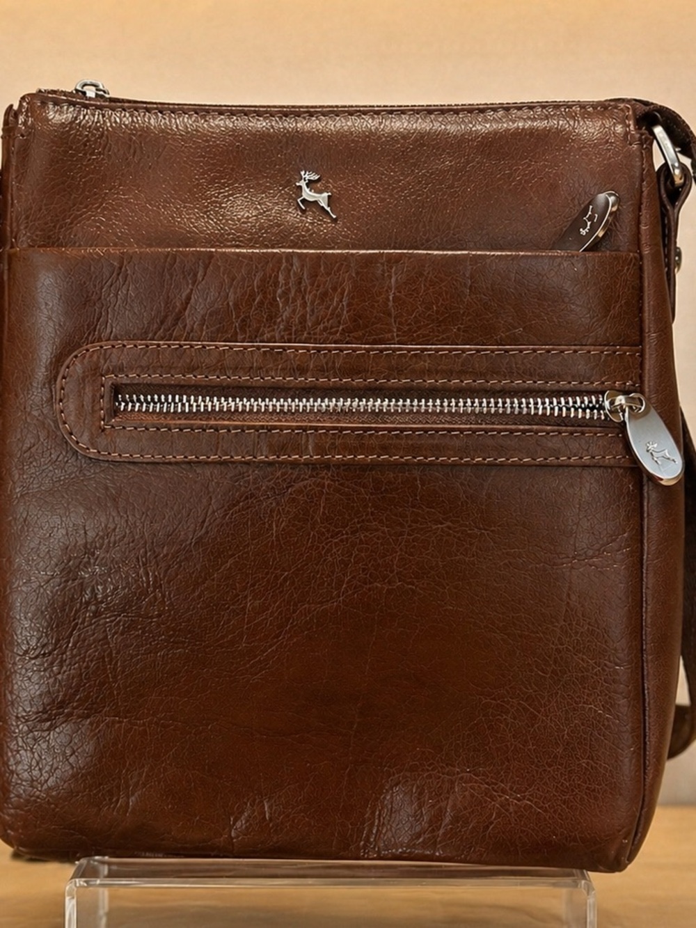 Ashwood Genuine Leather Brown Crossbody Bag Organizer Purse Multiple Zip Pockets